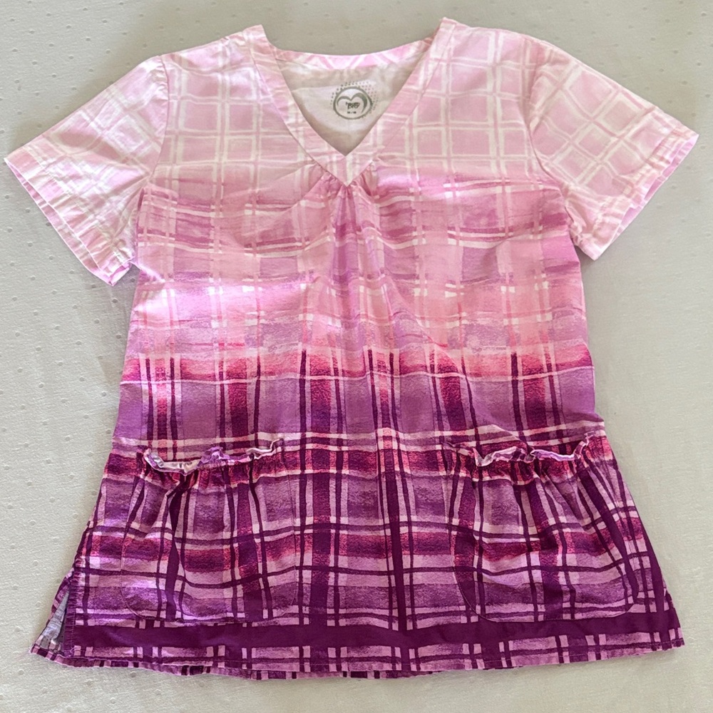 Health Pro Pink and White V-Neck Scrub Top